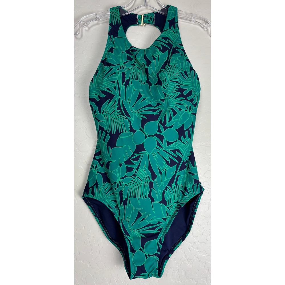 Lands End Tropical Palm Print High Neck 1 Piece Swimsuit Green‎ Navy Small 2147